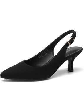 Womens Black Faux Leather Kitten Slingback Low Heels Casual Dress Shoes Pumps